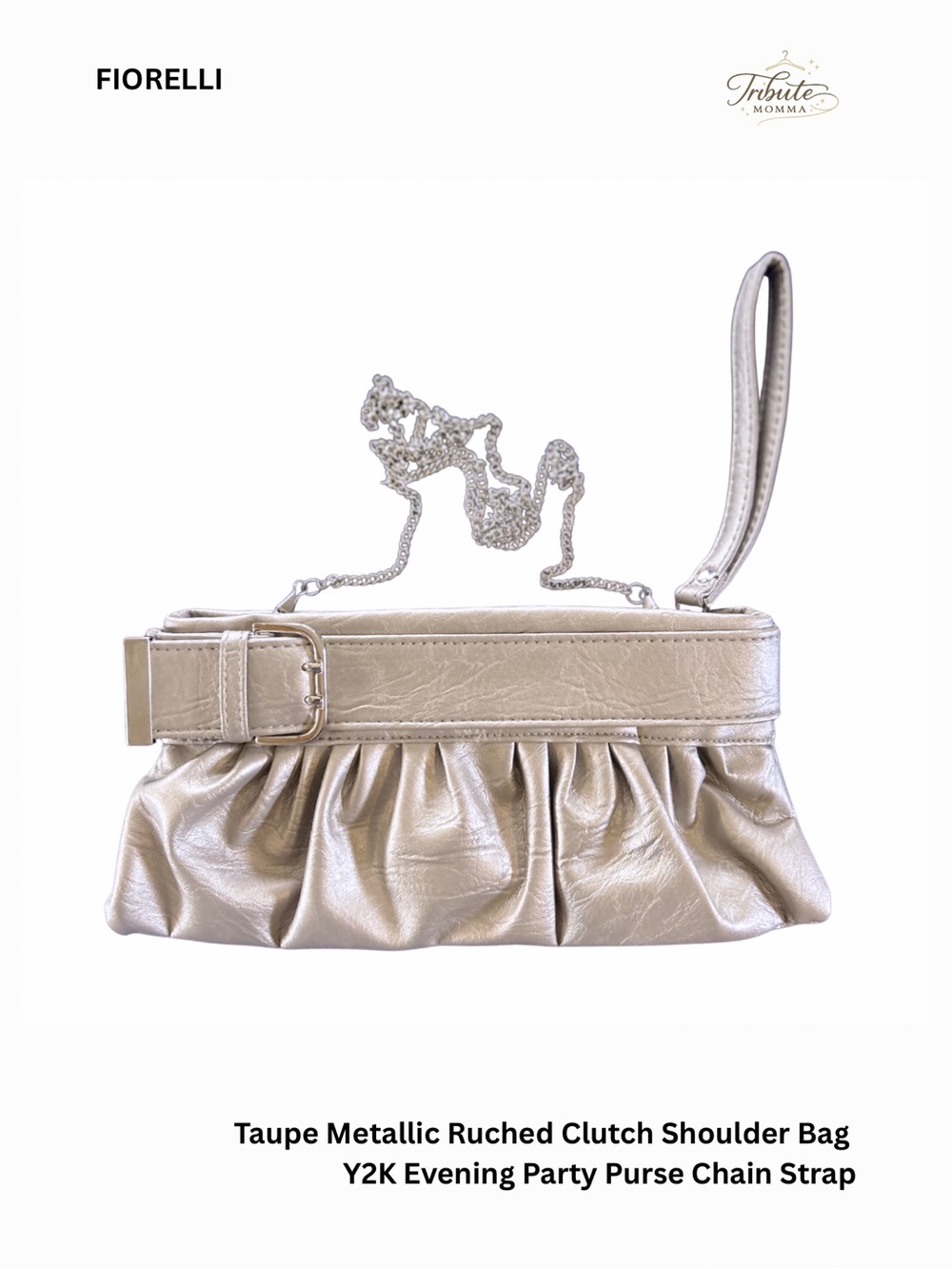 SALE! $10! Taupe Metallic Ruched Clutch Shoulder Bag Y2K Party Purse Chain Strap